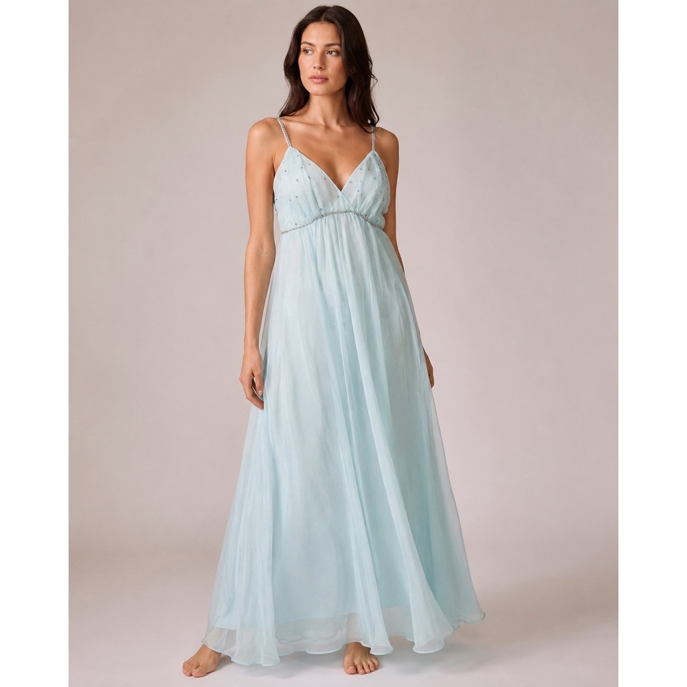 Vintage Vanity Fair‎ Aqua Blue Sheer Chiffon Rhinestone Nightgown Slip Dress 34